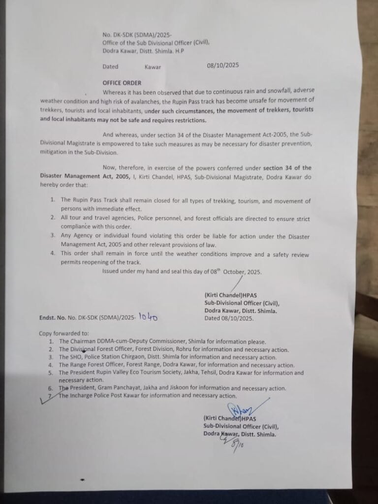 Rupin Pass Trek Temporarily Closed Due to Adverse Weather Conditions as of 08/10/2025